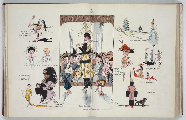 Offenes Buch mit einer Zeichnung einer vielfältigen Gruppe von Menschen auf einer flachen Oberfläche, enthaltend Bilder und Text über Mode.