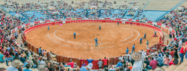 Eine große Menschenmenge schaut bei einer Stierkampfveranstaltung in einer Arena zu, wobei einige stehen, sitzen oder Gegenstände halten und eine Person unten einen Hut trägt.