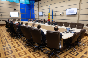 Eine große Gruppe von Menschen sitzt um einen langen Tisch mit Laptops, Mikrofonen, Papieren und anderen Gegenständen, mit Flaggen, Bildschirmen und Deckenleuchten im Hintergrund, während einer Sitzung des Europäischen Parlaments.