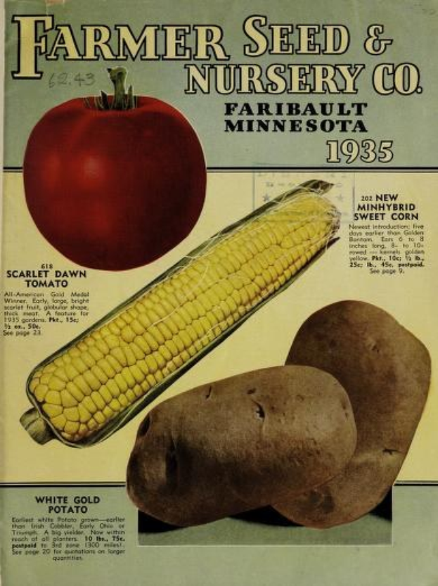 Plakat von Farmer Seed & Nursery Co. in Faribault, Minnesota, 1935, zeigt Gemüse wie Kartoffeln, Mais und einen Apfel mit Produktbeschreibungen.