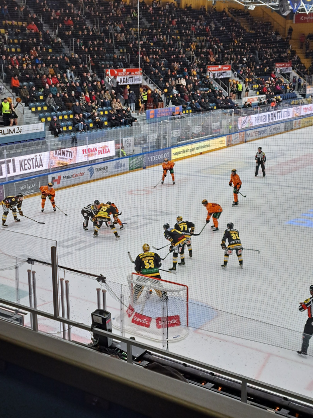 Gruppe von Menschen, die Hockey auf einem Eisstadion spielen, mit einem Netz, einer Umzäunung, sitzenden Zuschauern, Bannern und Deckenbeleuchtung.