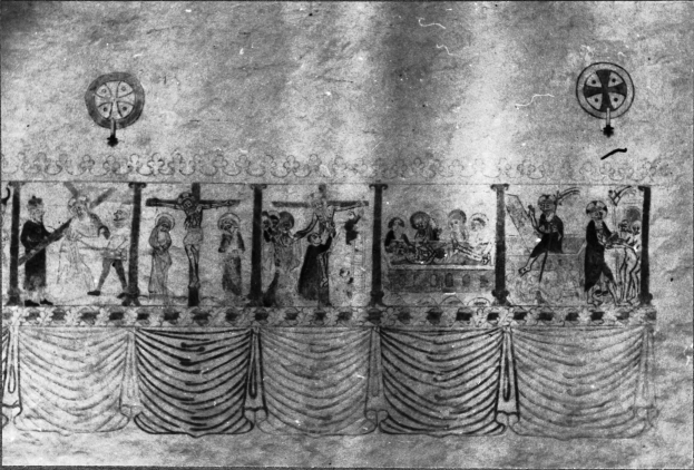 Eine Schwarz-Weiß-Zeichnung einer Gruppe von Menschen auf einer Bühne, die besorgt wirken und einige ängstlich nach oben und andere verzweifelt nach unten schauen, vor einer Wand mit einem Vorhang unten.