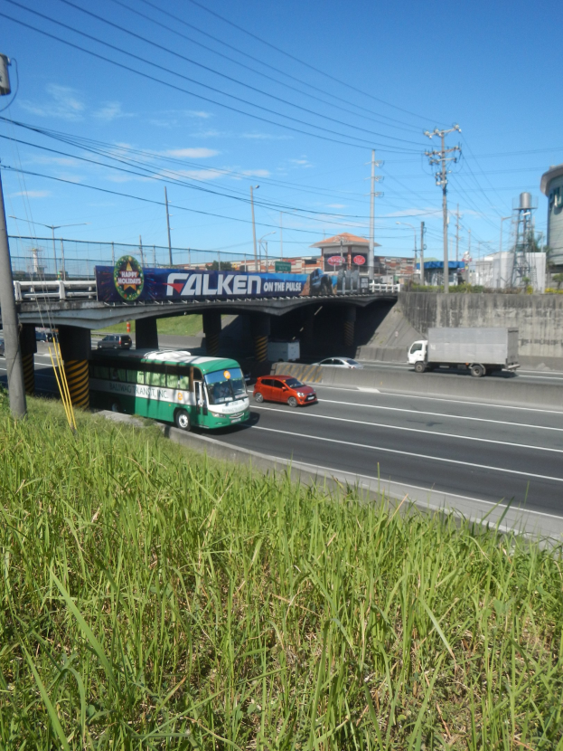 Ein grüner Bus fährt auf einer Autobahn neben hohem Gras, mit einer Brücke, Strommasten mit Drähten, Gebäuden und einem bewölkten Himmel im Hintergrund.
