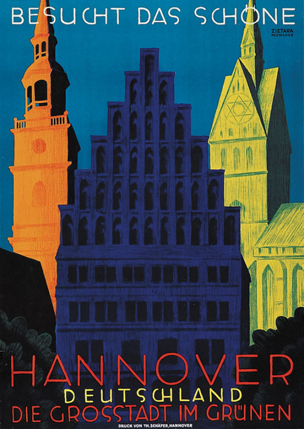 Plakat wirbt für Hannover, Deutschland, mit einigen Gebäuden, Bäumen und Textinformationen über die Stadt.