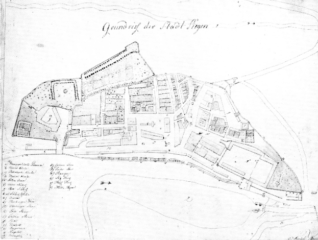 Eine detaillierte Schwarz-Weiß-Karte von Stadt Sigra, Deutschland, mit zahlreichen Gebäuden und Textanmerkungen.