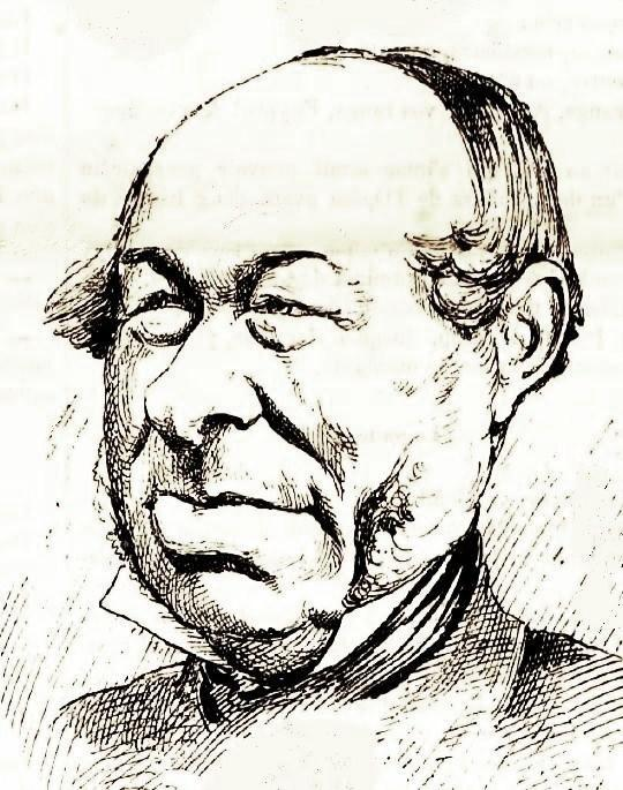 Ein Schwarz-Weiß-Zeichnung eines bärtigen Mannes in Anzug und Krawatte, identifiziert als Wladimir Lenin, mit ernstem Gesichtsausdruck und konzentriertem Blick, die Hände vor der Brust verschränkt.