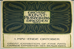 Plakat für die Große Kunstausstellung von 1904 in Dresden, Deutschland, mit fettgedrucktem Text, der das Ereignis ankündigt.