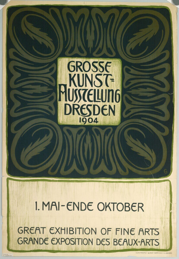Plakat für die Große Kunstausstellung von 1904 in Dresden, Deutschland, mit fettgedrucktem Text, der das Ereignis ankündigt.