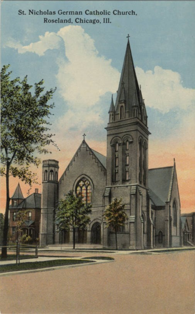 St. Nicholas German Catholic Church in Roseland, Chicago, Illinois, depicted on an old postcard with surrounding buildings, trees, and a cloudy sky, with text at the top.