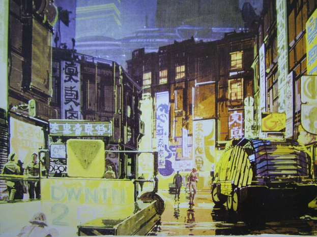 Eine belebte Stadtkulisse mit Menschen, Fahrzeugen, Gebäuden, Plakaten, Text, einer Straße, Fenstern, Schildern, einer U-Bahn und Lichtern.