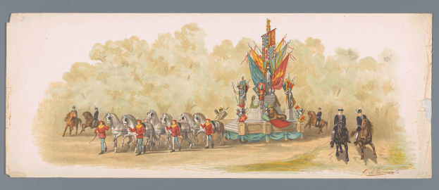 Ein Gemälde eines Karnevalsumzugs mit Menschen in bunten Kostümen, die Pferde vor einem geschmückten Wagen reiten, vor einem Hintergrund mit Bäumen und einem klaren blauen Himmel.